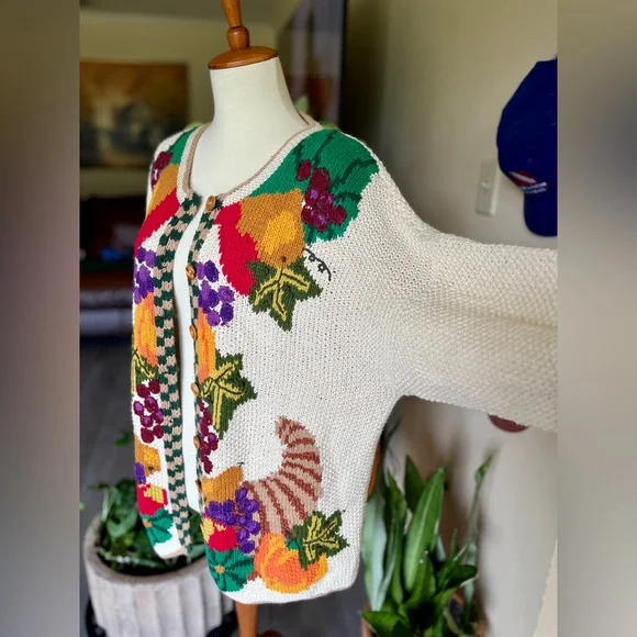 ☾ Vintage RARE hand-knit harvest scene fall graphic cardigan (cotton / ramie) - Picture 4 of 8